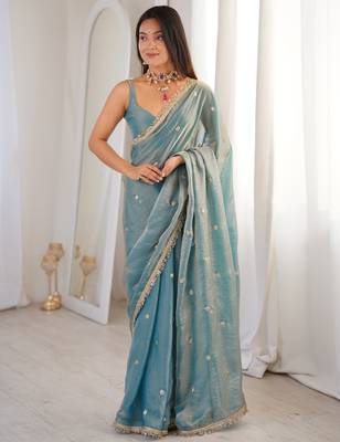 Sky blue tissue satin sequins saree with unstitched blouse piece. 2