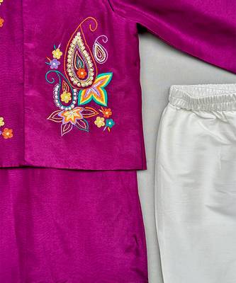 Purple embroidered silk kurta jacket set 3