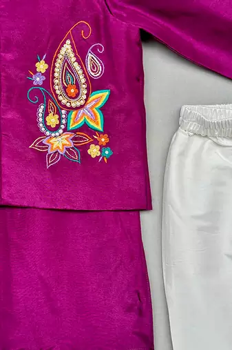Purple embroidered silk kurta jacket set