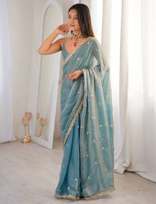 Sky blue tissue satin sequins saree with unstitched blouse piece. 3