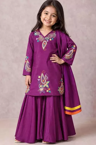 Purple embroidered silk kurti palazzo set with dupatta