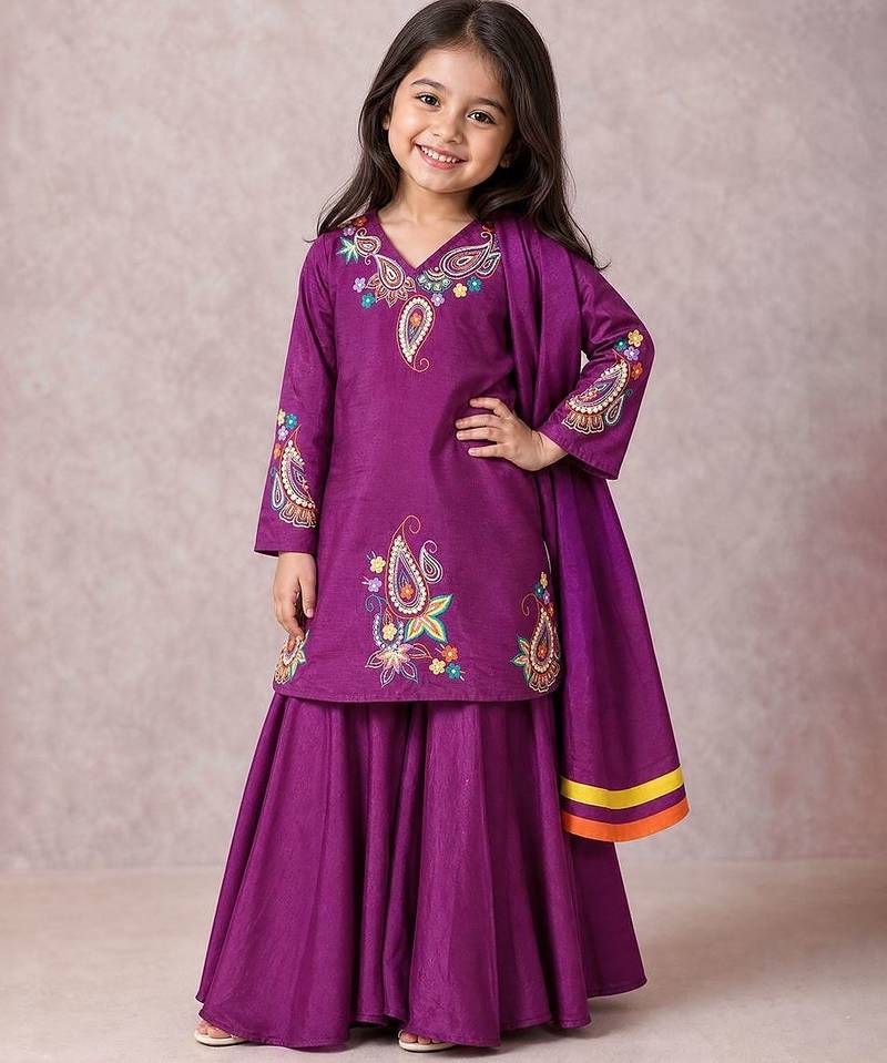 Purple embroidered silk kurti palazzo set with dupatta
