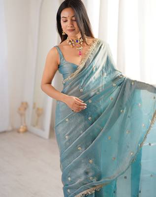 Sky blue tissue satin sequins saree with unstitched blouse piece. 5