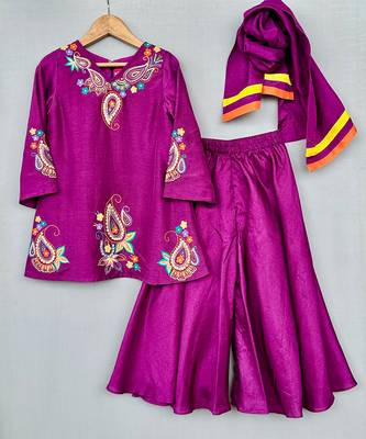 Purple embroidered silk kurti palazzo set with dupatta 2