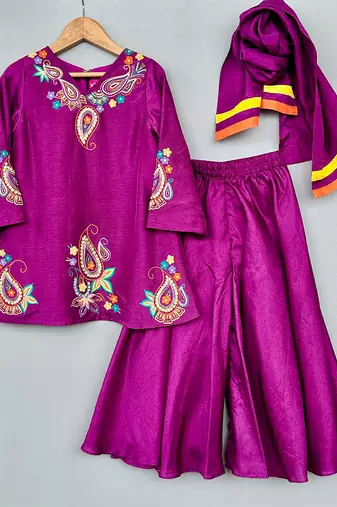 Purple embroidered silk kurti palazzo set with dupatta