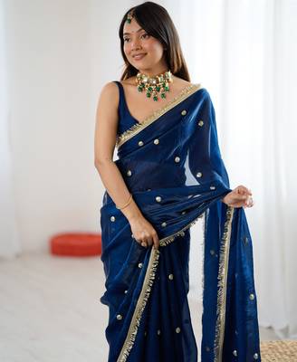 Teal tissue satin sequins saree with unstitched blouse piece. 1