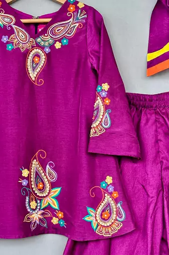 Purple embroidered silk kurti palazzo set with dupatta