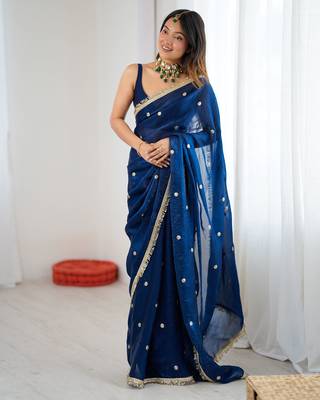 Teal tissue satin sequins saree with unstitched blouse piece. 2