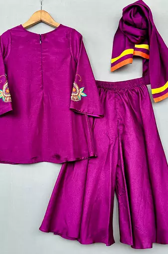 Purple embroidered silk kurti palazzo set with dupatta