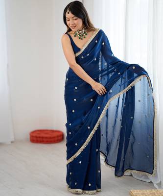 Teal tissue satin sequins saree with unstitched blouse piece. 3