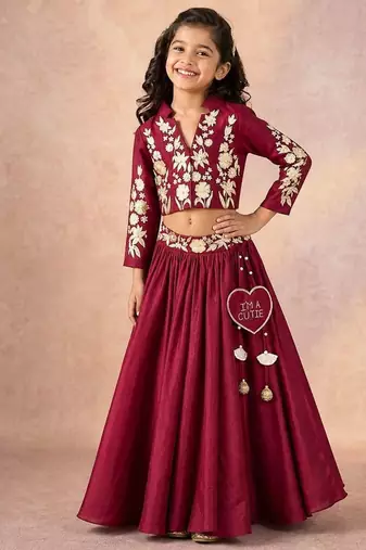 Maroon zari embroidered silk indo western lehenga set