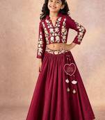 Maroon zari embroidered silk indo western lehenga set