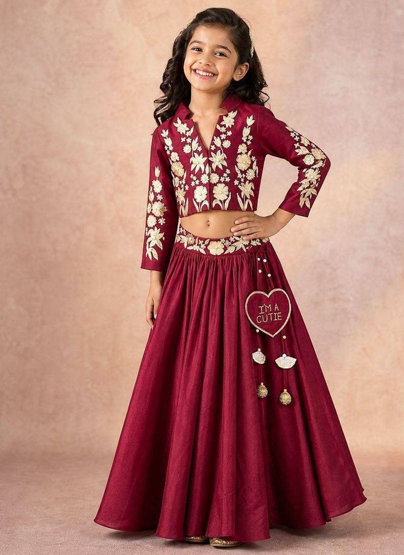 Maroon zari embroidered silk indo western lehenga set