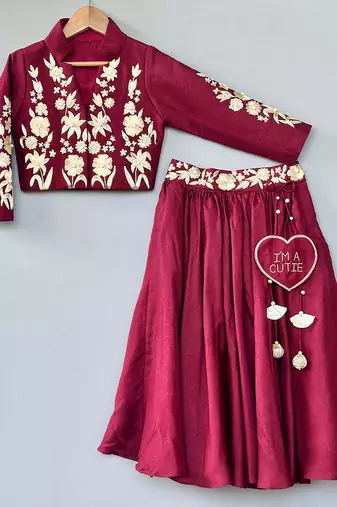 Maroon zari embroidered silk indo western lehenga set