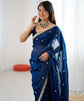 Teal tissue satin sequins saree with unstitched blouse piece. 5