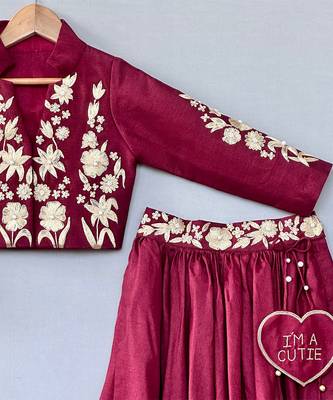Maroon zari embroidered silk indo western lehenga set 3
