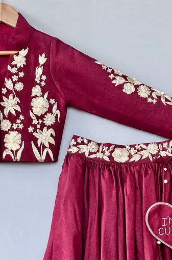 Maroon zari embroidered silk indo western lehenga set