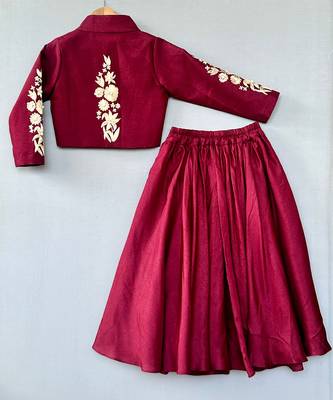 Maroon zari embroidered silk indo western lehenga set 4