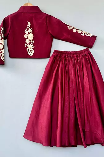 Maroon zari embroidered silk indo western lehenga set