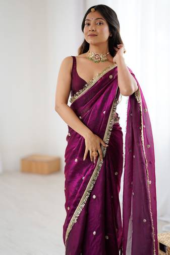 Wine tissue satin sequins saree with unstitched blouse piece.