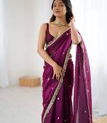 Wine tissue satin sequins saree with unstitched blouse piece.