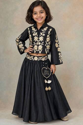 Black embroidered silk indo western lehenga set