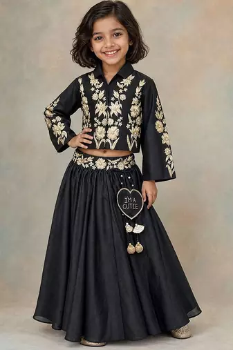 Black embroidered silk indo western lehenga set