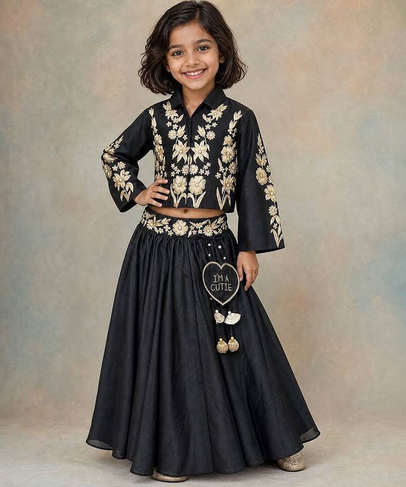 Black embroidered silk indo western lehenga set