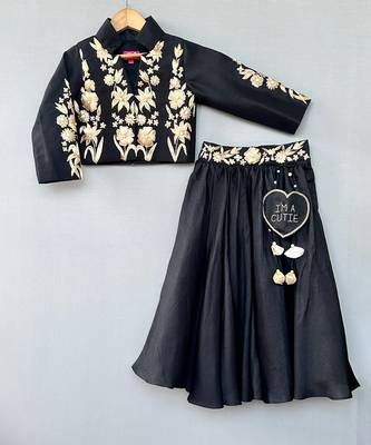 Black embroidered silk indo western lehenga set 2