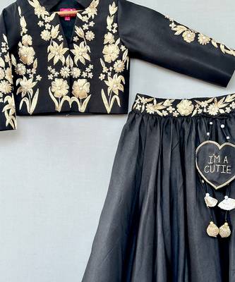 Black embroidered silk indo western lehenga set 3