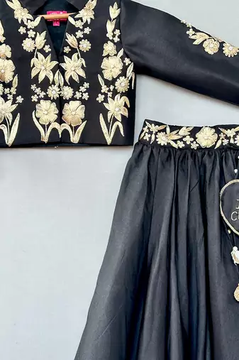 Black embroidered silk indo western lehenga set