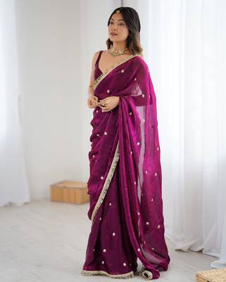 Wine tissue satin sequins saree with unstitched blouse piece. 3