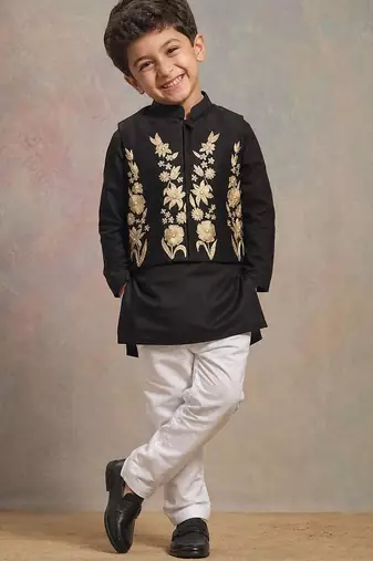 Black embroidered silk kurta jacket set
