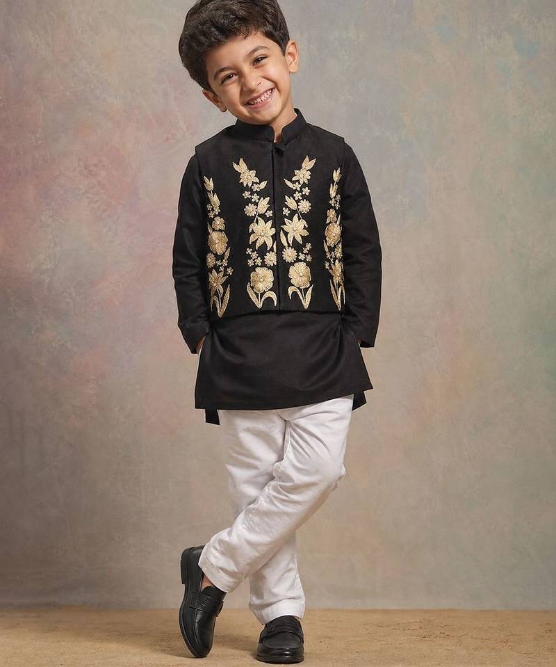 Black embroidered silk kurta jacket set