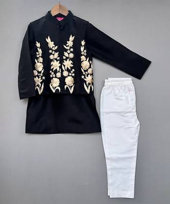 Black embroidered silk kurta jacket set 2