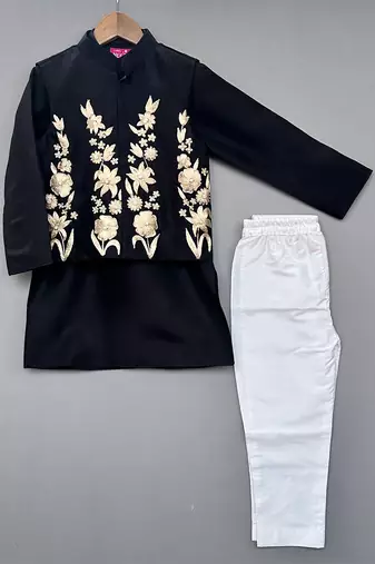 Black embroidered silk kurta jacket set