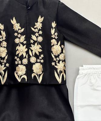 Black embroidered silk kurta jacket set 3