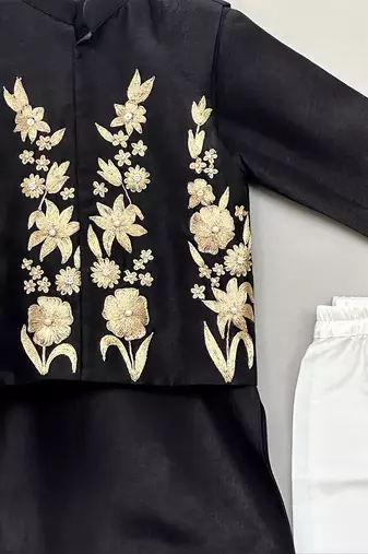 Black embroidered silk kurta jacket set