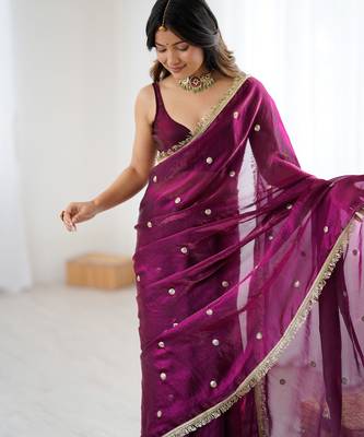 Wine tissue satin sequins saree with unstitched blouse piece. 4