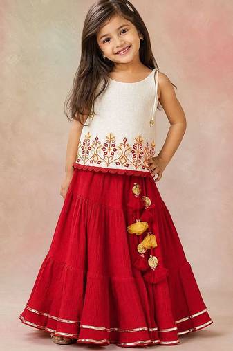 Red embroidered cotton lehenga set