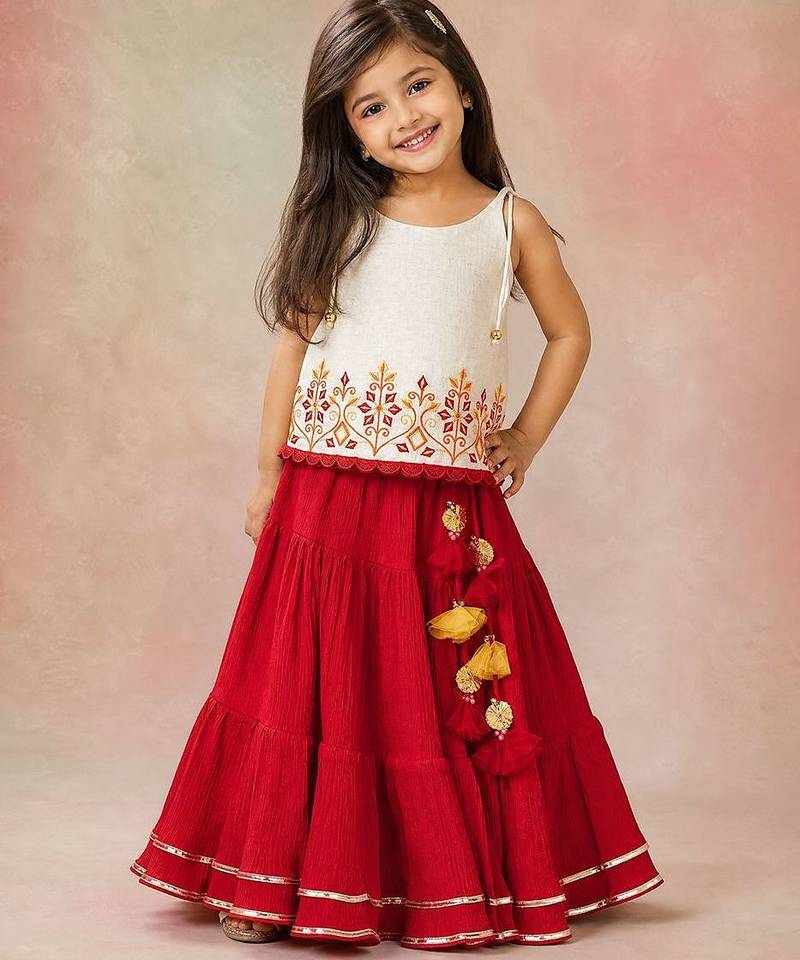 Red embroidered cotton lehenga set