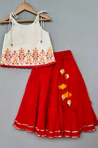 Red embroidered cotton lehenga set