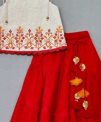 Red embroidered cotton lehenga set 3