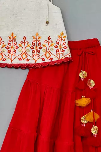 Red embroidered cotton lehenga set
