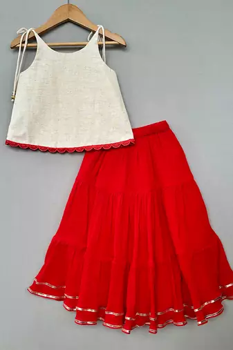 Red embroidered cotton lehenga set