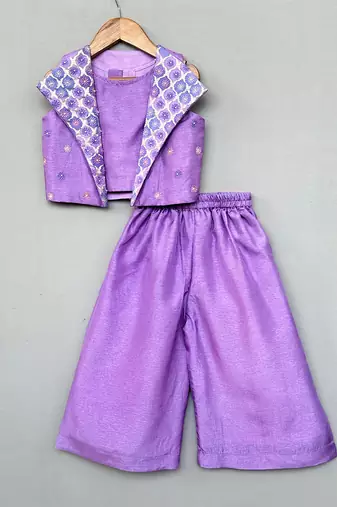 Lavender embroidered silk jacket co ord set