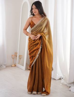 Gold tissue satin sequins saree with unstitched blouse piece. 3