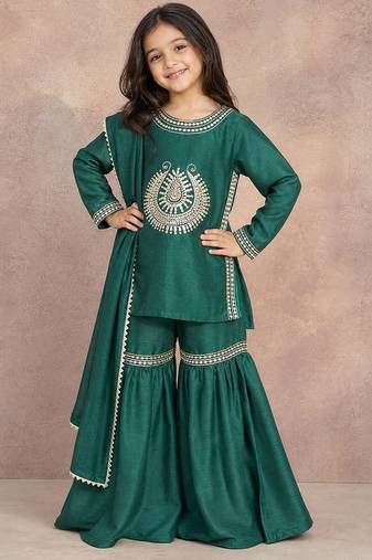 Bottle green embroidered silk sharara set