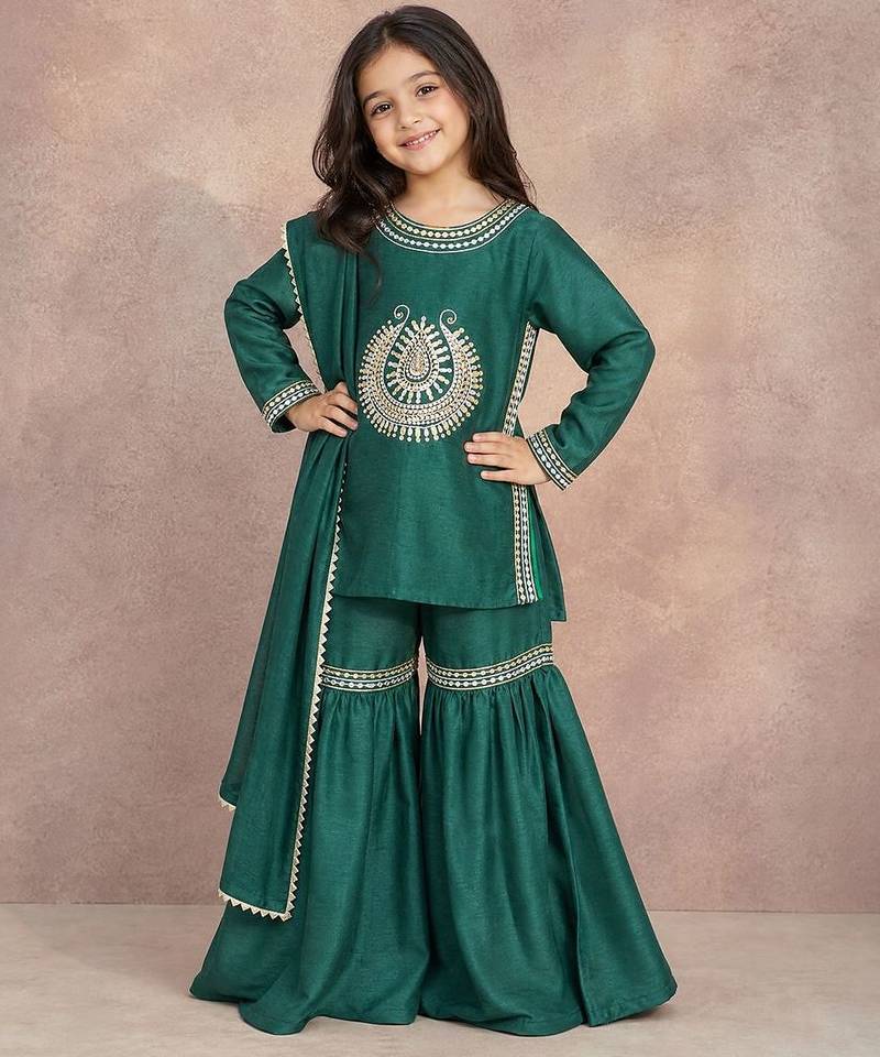 Bottle green embroidered silk sharara set