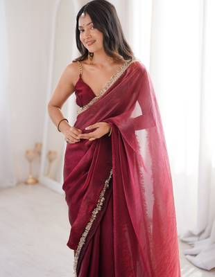Maroon tissue satin sequins saree with unstitched blouse piece. 1